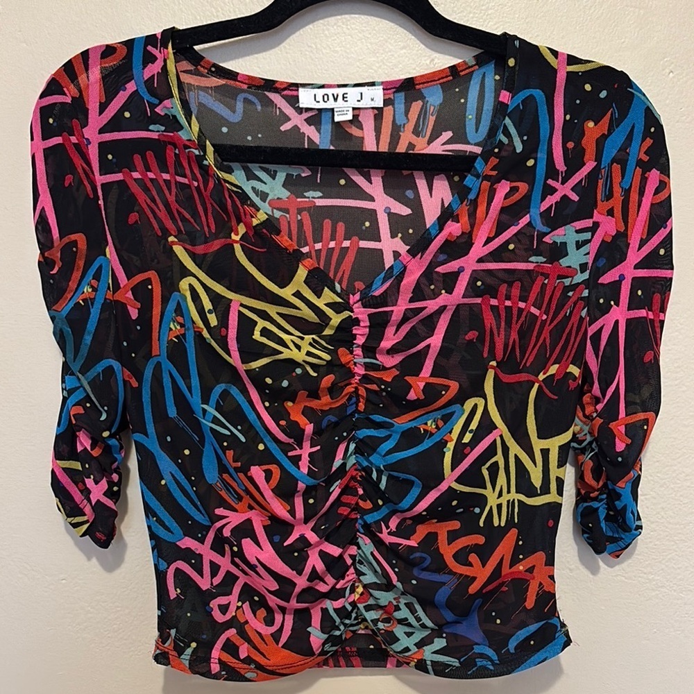 Love J Black and Pink Graphic Ruched Blouse